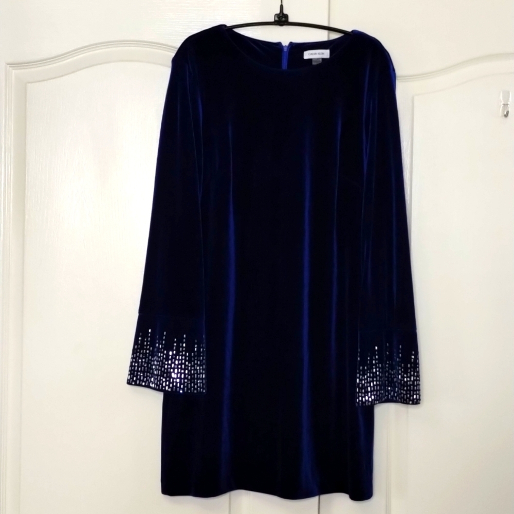 Calvin Klein Royal Blue Velvet Shift Dress with Embellished Cuffs